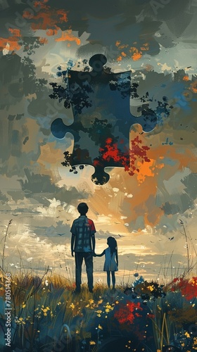 A visual metaphor of an autistic child as a puzzle piece fitting perfectly into a family picture