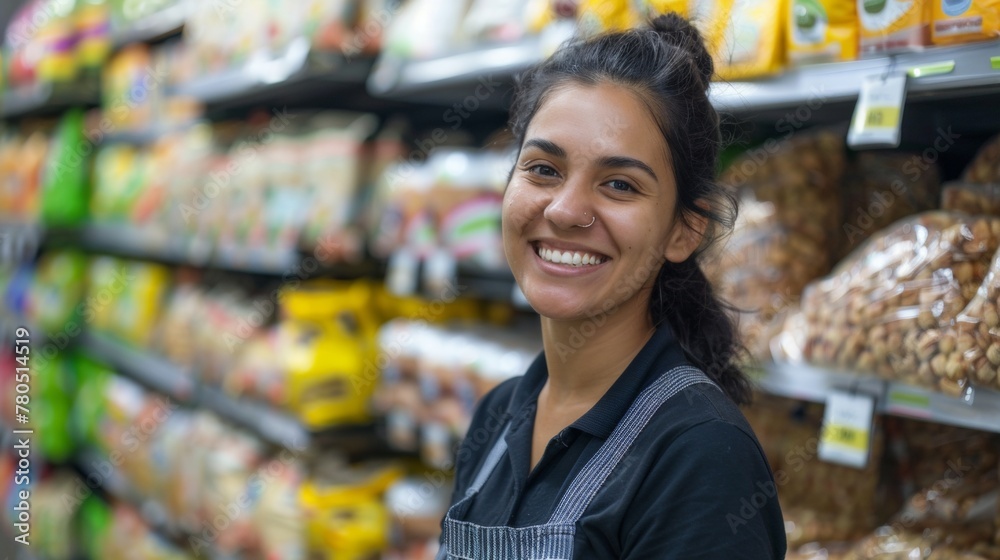 Smiling woman in apron standing in a grocery store aisle filled with various packaged foods.