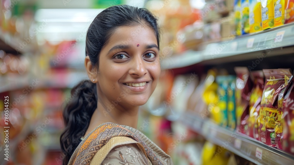 A smiling woman with dark hair wearing a traditional Indian saree standing in a grocery store aisle with various packaged products in the background.