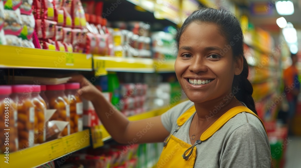 A smiling woman in a yellow apron working in a grocery store aisle filled with various packaged products.