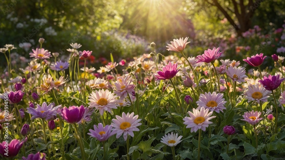 Fototapeta premium Sunlight filters through trees, illuminating vibrant field of flowers in full bloom. Flowers, mix of daisies, tulips, display range of colors from white, yellow to various shades of pink.