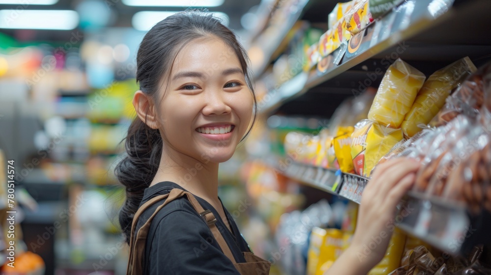 Smiling woman in a grocery store standing in front of a shelf stocked with various packaged food items.