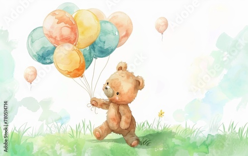 Cute teddy bear flying on colorful balloons and blue clouds  Hand-painted with watercolor  Can be used for card or baby shower