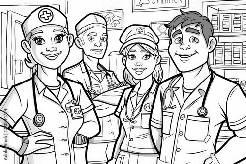 Coloring page A group of cheerful medical professionals stand together, outfitted for a day of care.