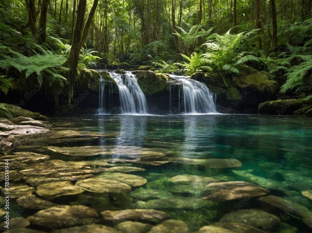 Naklejka premium Water gracefully cascades down small, rocky ledges into serene, crystal-clear pond, surrounded by lush green forest. Ponds surface so clear that rounded stones at bottom easily visible.