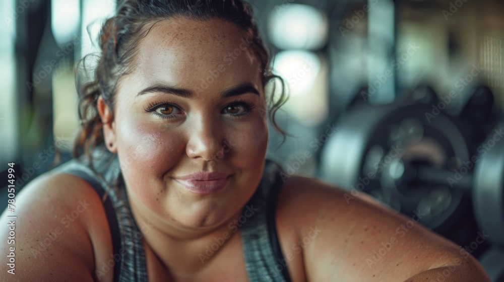 A woman with a radiant smile wearing a tank top posing confidently in a gym with weights in the background. A woman with a radiant smile wearing a tank top posing confidently in a gym with weights in the background.