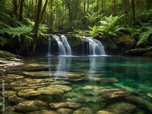 Water gracefully cascades down small, rocky ledges into serene, crystal-clear pond, surrounded by lush green forest. Ponds surface so clear that rounded stones at bottom easily visible.