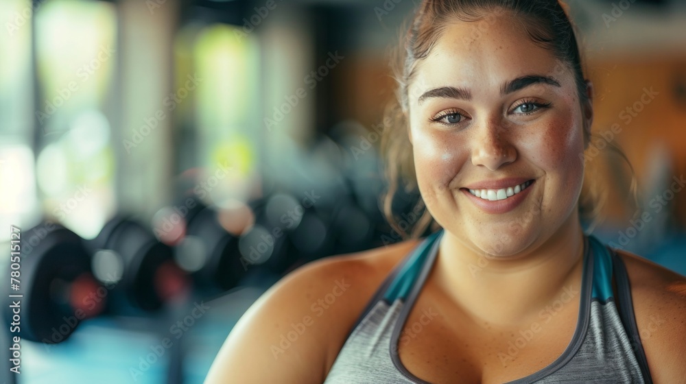 Smiling woman in gym wearing tank top surrounded by weightlifting equipment. Smiling woman in gym wearing tank top surrounded by weightlifting equipment.