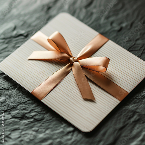 close-up of a gift card tied with a bronze ribbon with a bow on a graphite textured background
