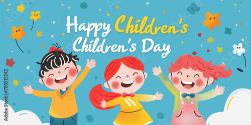 Joyful Children s Day Celebration with Colorful Hot Air Balloons and Playful Kids Illustration