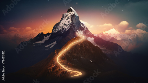 glowing path to the top of the mountain, business success strategy, development and growth concept © kichigin19
