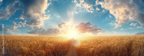 Sunset Serenade over Golden Wheat Fields - A Panoramic Splendor - Generative AI photo