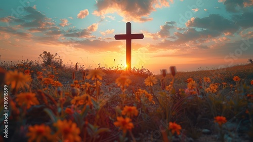 Ascension day concept. The cross on meadow autumn sunrise background. 4K Video, 8k Genrative AI © Sumbul
