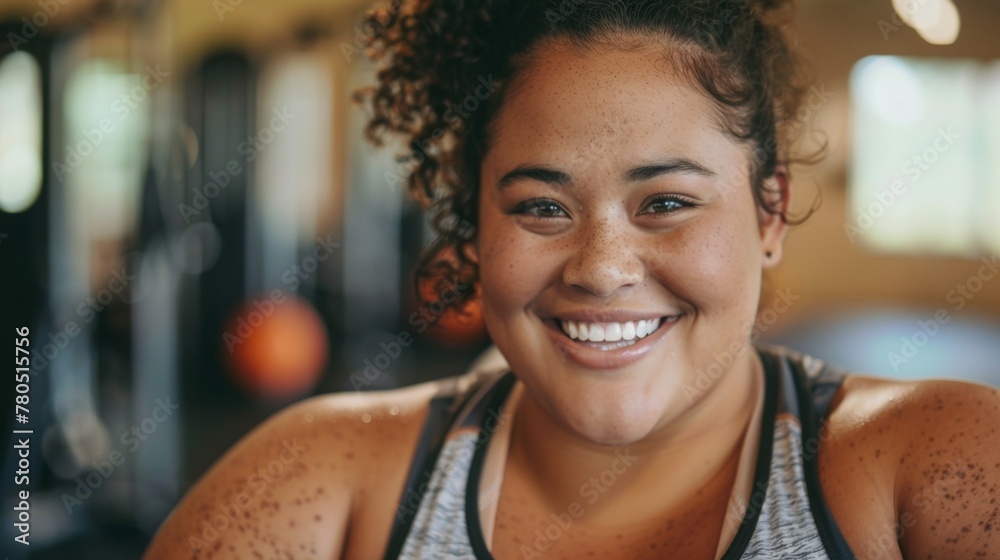 Smiling woman with curly hair freckles and gym attire in a gym setting with blurred equipment in the background.