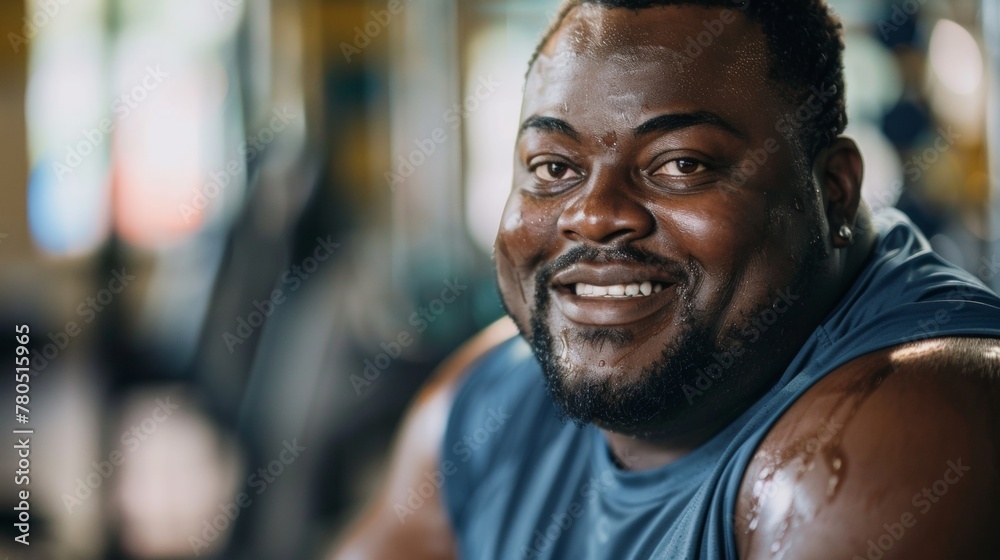 Smiling man with sweaty skin wearing blue tank top in gym setting with blurred background. Smiling man with sweaty skin wearing blue tank top in gym setting with blurred background.