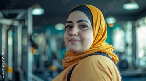 A woman wearing a yellow hijab smiling standing in a gym with exercise equipment in the background.