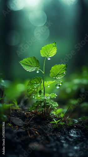 vertical background green forest, dew drops and wet rain on young leaves and shoots in the depths of the green forest of the wild