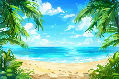 Serene beach view framed by palm fronds under a clear blue sky, Concept of tropical paradise and relaxation 