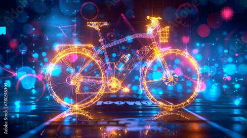 The neon bicycle in digital background. digital bike concept. future technology growing concept