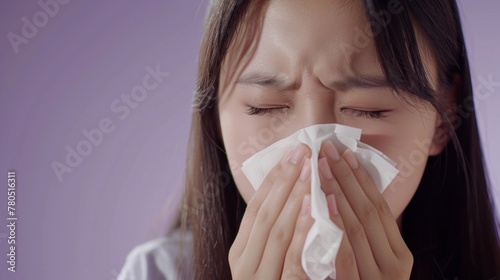 A young woman with a tissue pressed against her nose possibly indicating she is sneezing or has a cold.