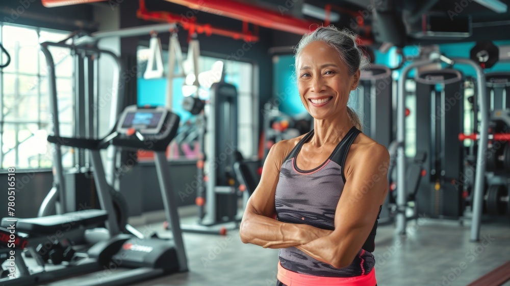 Fototapeta premium Energetic woman in gym smiling wearing black and pink tank top standing in front of exercise equipment.