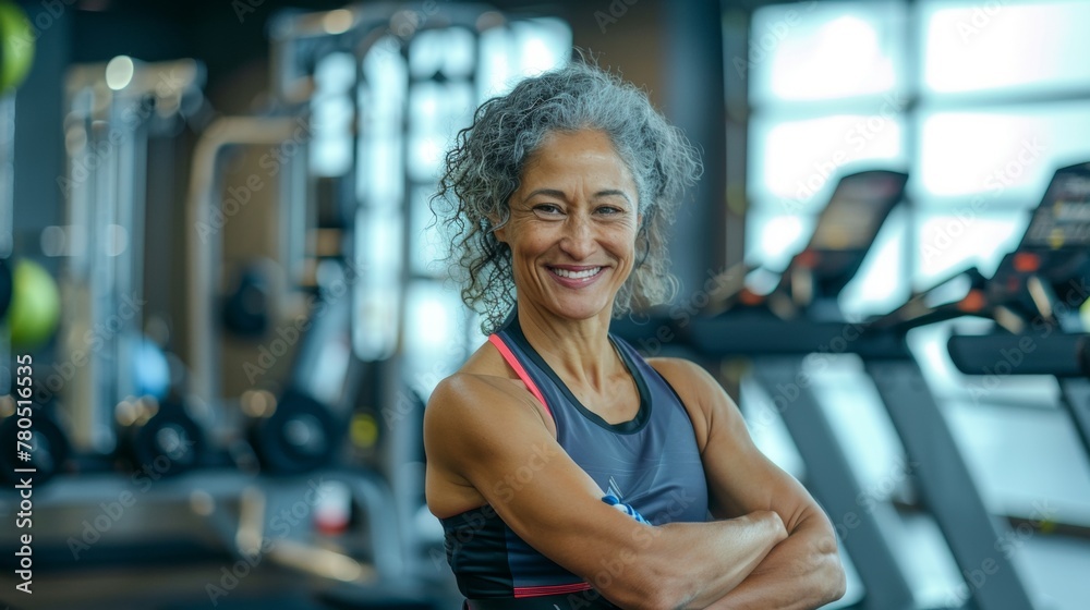 A woman with gray curly hair wearing a black sports top smiling and posing confidently in a gym with exercise equipment in the background.