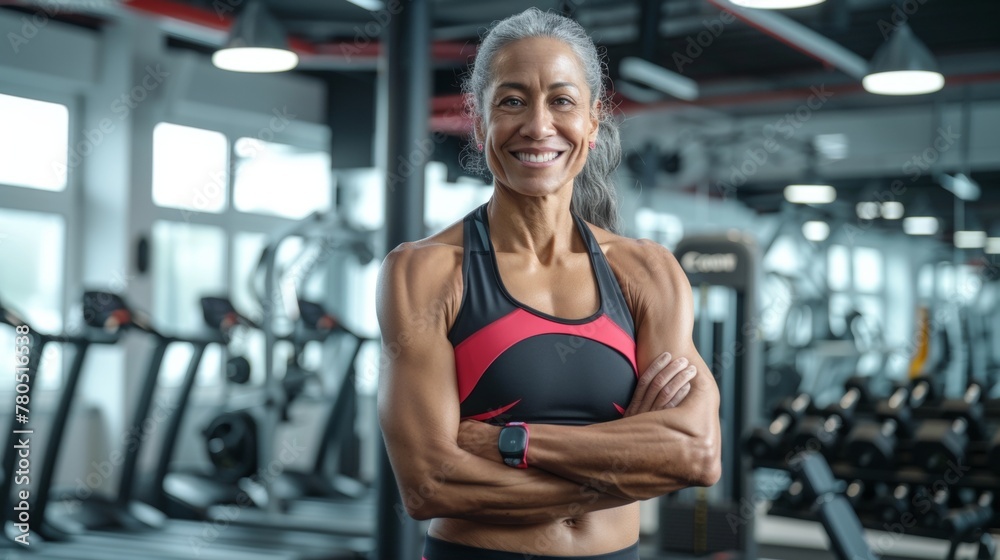 Fototapeta premium A woman with gray hair wearing a black and red sports top smiling and posing confidently in a gym with exercise equipment in the background.