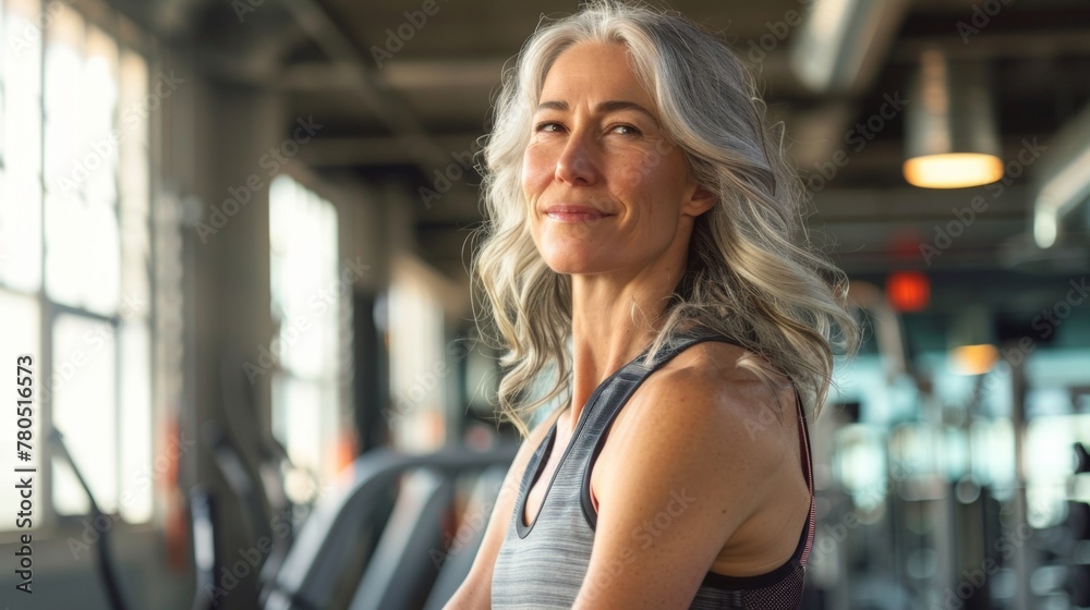 Smiling woman with gray hair wearing a sleeveless top standing in a gym with sunlight streaming through windows.