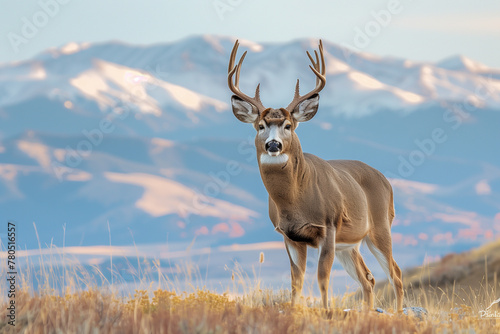 Deer in front of mountains on a nature background.