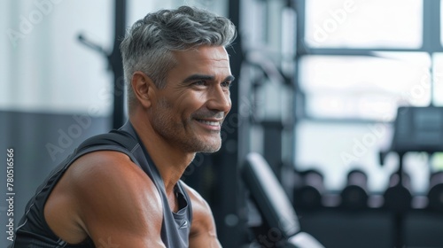 Smiling man with gray hair wearing a sleeveless top sitting in a gym with a window in the background.