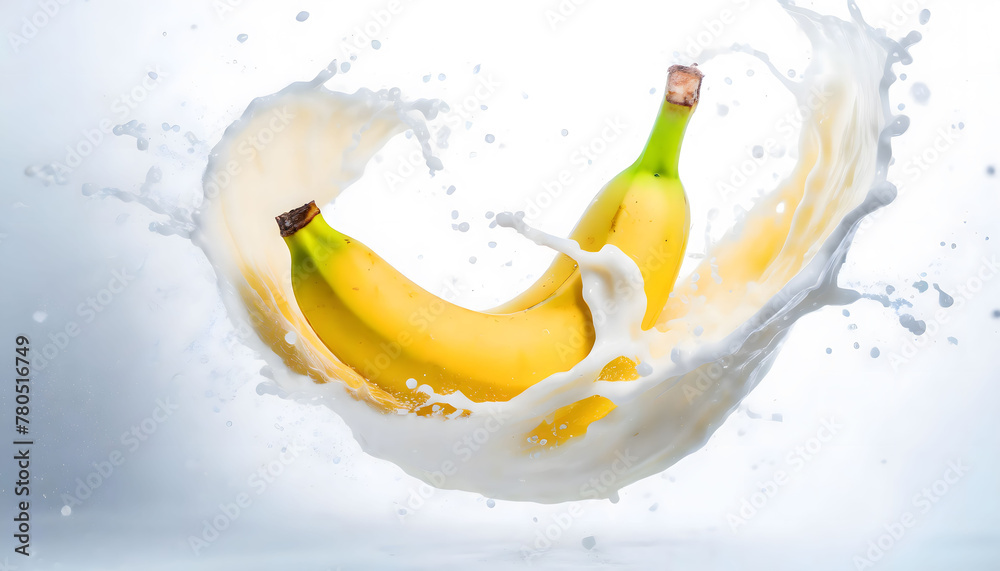 Visual Representation of the Moment a Falling Banana Collides with Water and Milk, Transformed into an Artistic Scene. Splashes.