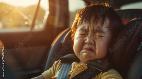 A young child with closed eyes appearing to be crying in a car seat with a blurred background of a car interior and sunlight.