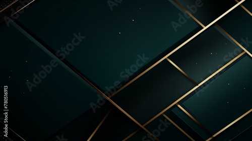 Dark green canvas highlighted by opulent gold lines and subtle shadows, featuring a contemporary graphic pattern of overlapping geometric shapes and transparent squares, perfect for creating visually 