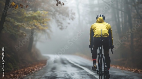 A cyclist in a yellow jacket and black pants riding a bicycle on a foggy leaf-covered road in a forest.