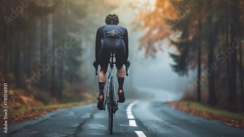 A cyclist in a black and orange outfit riding a bicycle on a wet road with trees and autumn leaves in the background. © iuricazac