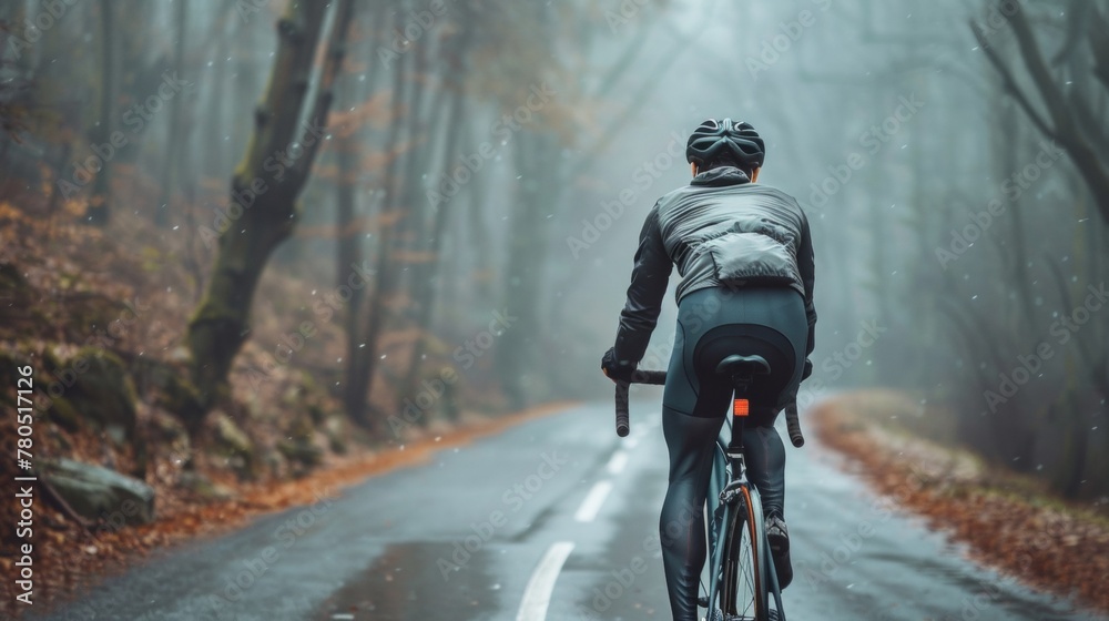 A cyclist in a black jacket and helmet riding a road bike on a wet foggy forest road with fallen leaves.