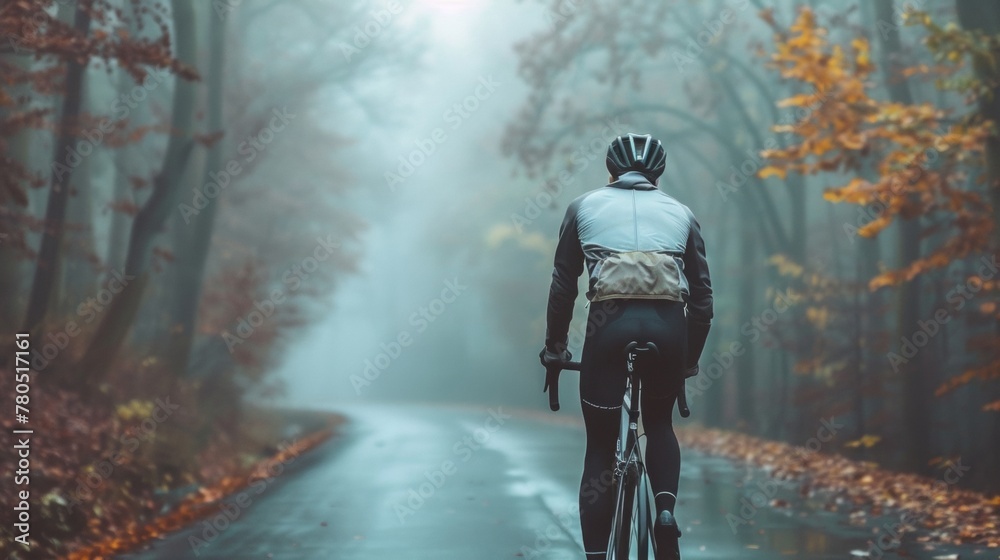 A cyclist in a blue jacket and black pants riding a bicycle on a foggy leaf-covered road through a forest during autumn. - obrazy, fototapety, plakaty 
