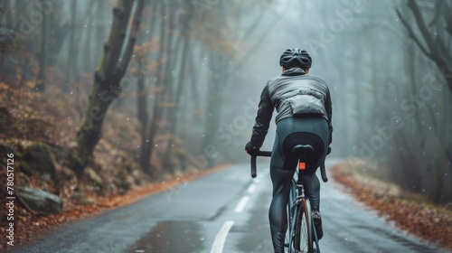 A cyclist in a black jacket and helmet riding a road bike on a wet foggy forest road with fallen leaves.