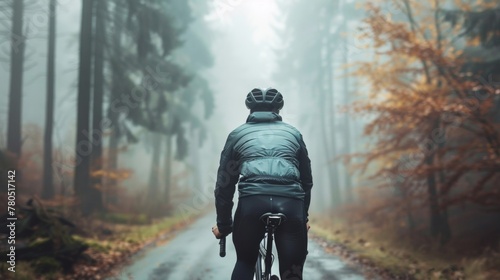 A solitary cyclist in a forested area riding on a misty path with a sense of adventure and solitude.