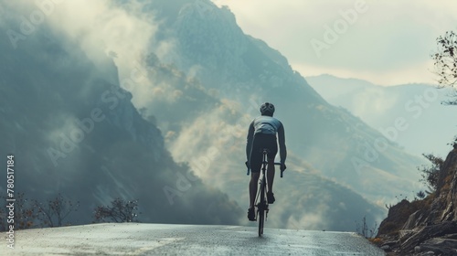 A lone cyclist pedaling uphill on a winding mountain road surrounded by fog and towering cliffs.