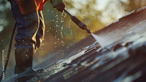 A worker spraying a liquid on a roof with a high-pressure washer.