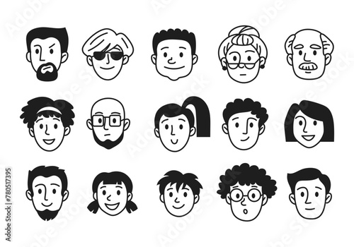 Set of hand drawn human faces doodles. Sketches of young, old, seniors, women, boys, girls, facial expressions, emotions isolated on a white background