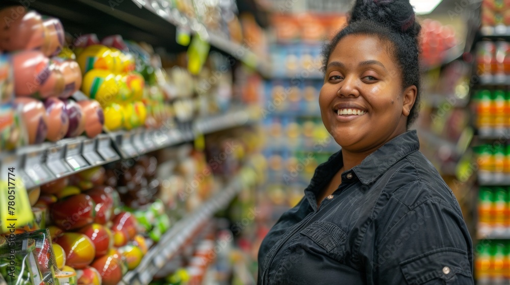 A woman in a black shirt smiling at the camera standing in a grocery store aisle filled with colorful produce.