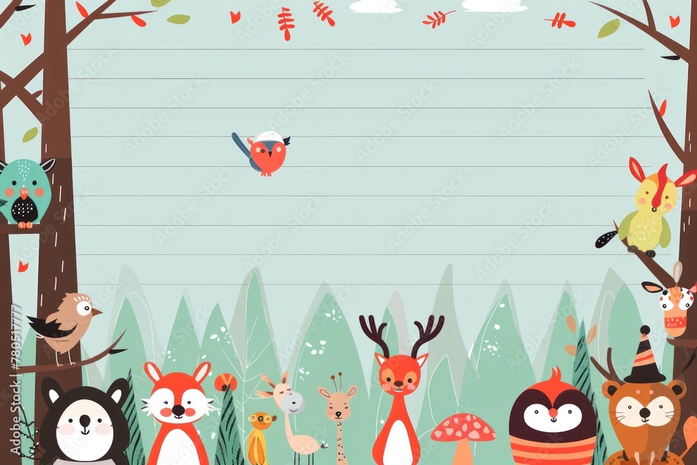 Fototapeta premium background of a forest with cartoon animals and owls