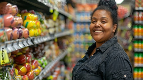 A woman in a black shirt smiling at the camera standing in a grocery store aisle filled with colorful produce.