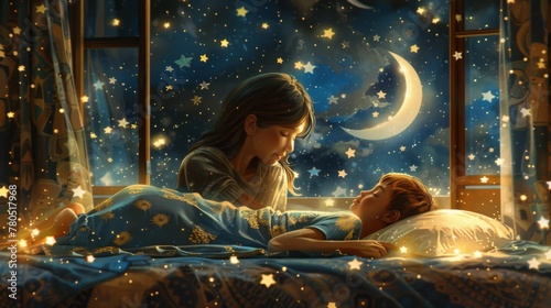 A cozy bedroom scene with a mother tucking her child into bed, surrounded by twinkling stars and a crescent moon shining through the window photo