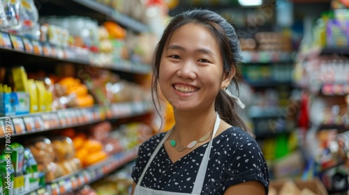 Smiling female grocery store worker in apron surrounded by colorful produce.