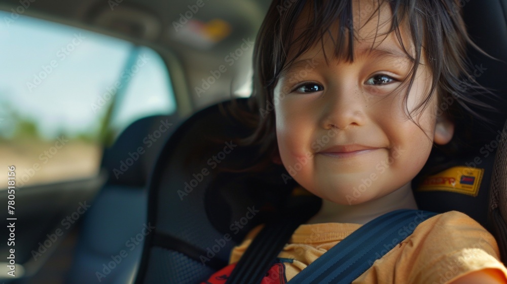 Young girl with dark hair smiling wearing a yellow shirt seated in a car seat looking at the camera. Young girl with dark hair smiling wearing a yellow shirt seated in a car seat looking at the camera.
