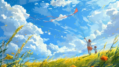 A delightful image of a mother and child flying kites together in a meadow, with the colorful kites soaring high against a bright blue sky dotted with fluffy clouds
