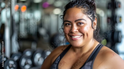 Smiling woman in gym wearing black sports bra standing in front of weightlifting equipment.